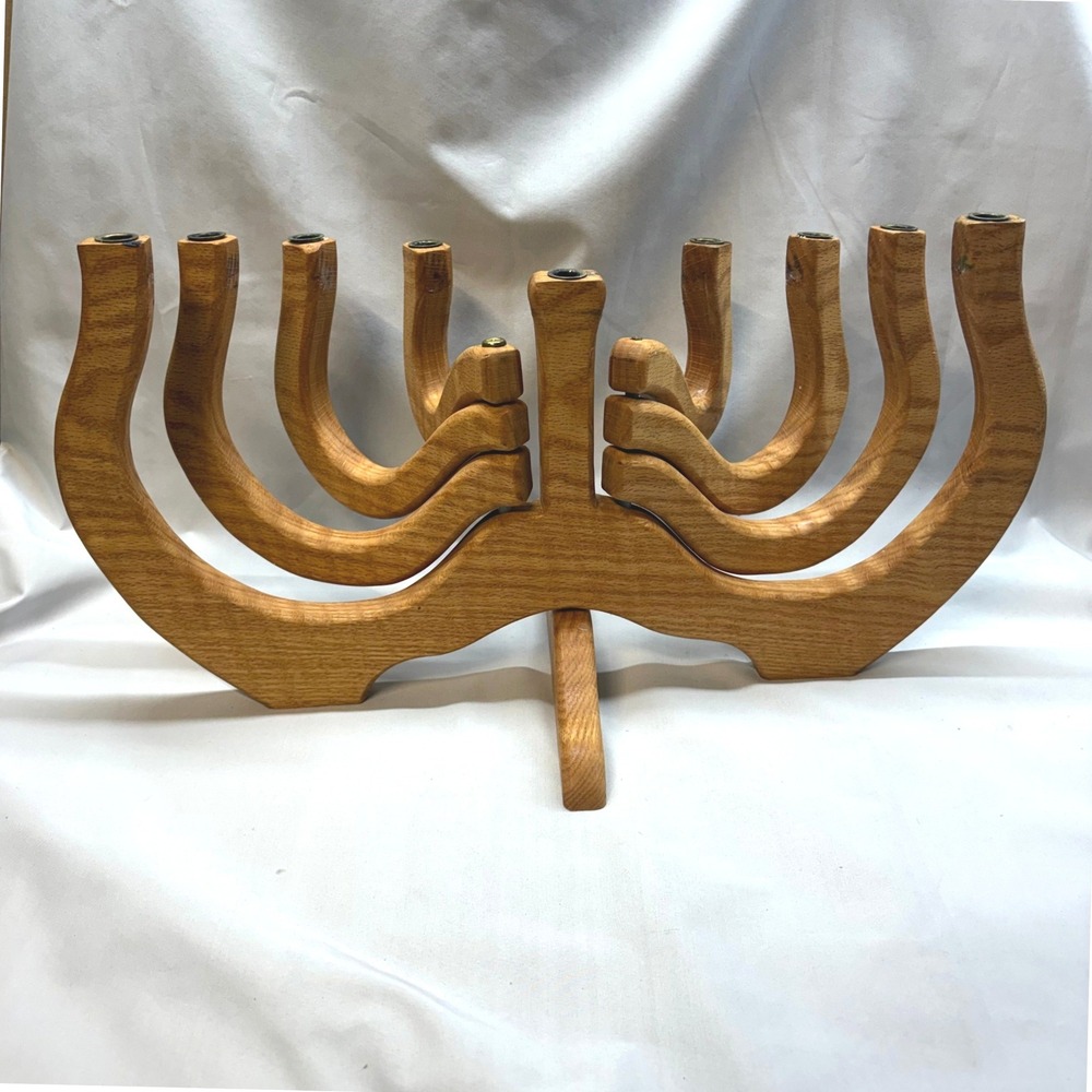 Vintage Wooden Menorah Adjustable Hanukkah Candelabra Brown Good Brass Inserts